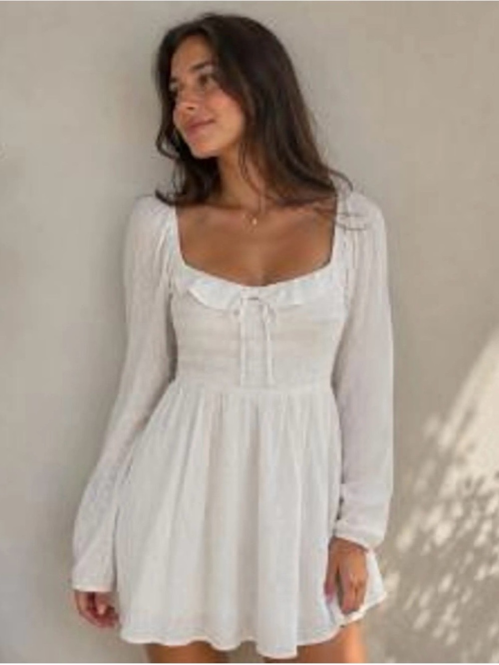 White Long-Sleeve Smocked Mini Dress